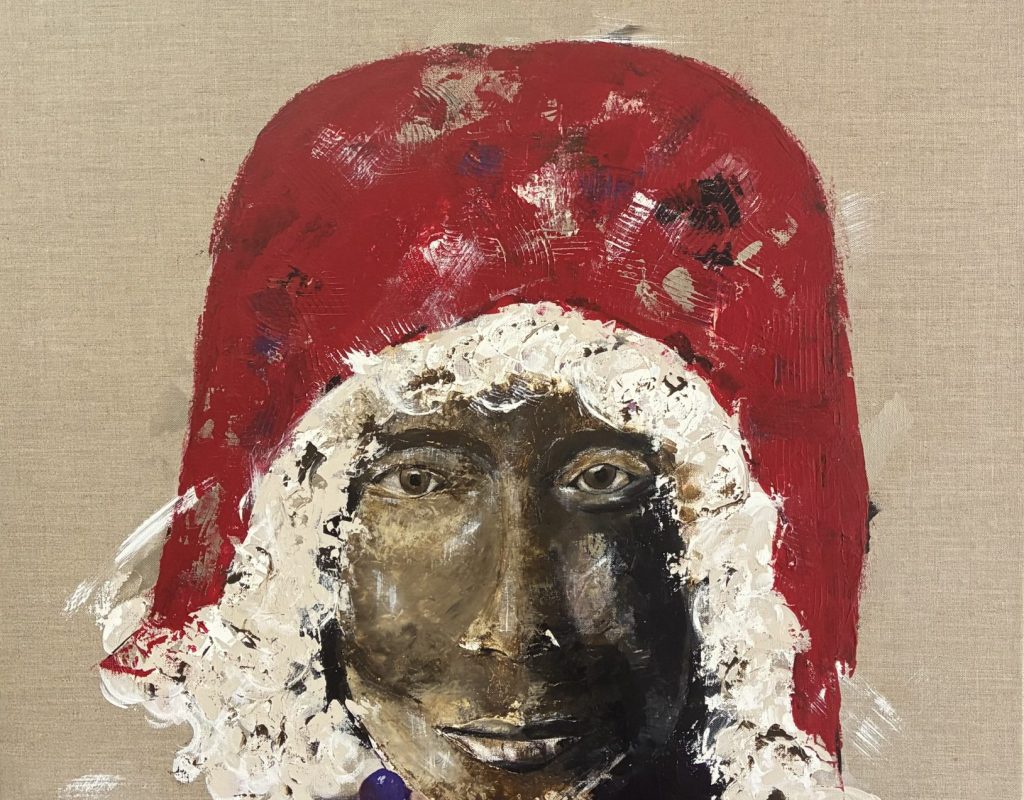 Peinture représentant une personne avec une coiffe de couleur rouge et blanc
